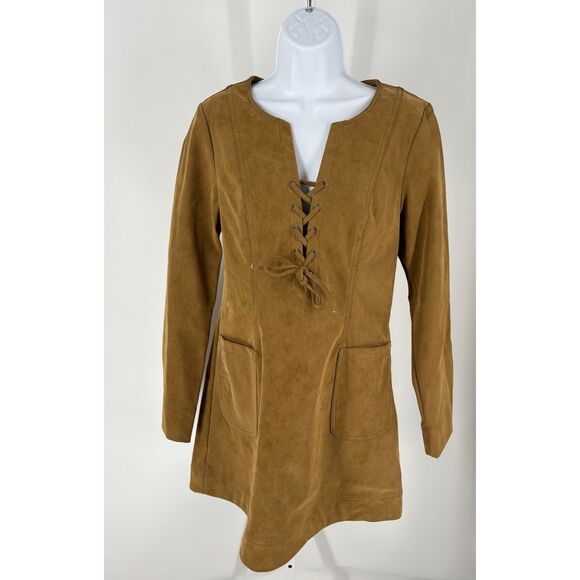 Free People Dresses & Skirts - Free People Suede Lace-Up Mini Dress Tan Long Sleeve Boho Shift